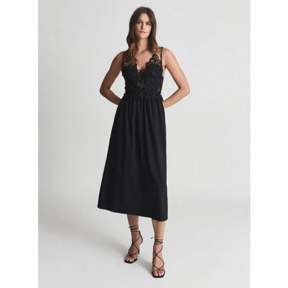 💕REISS💕 Serena Lace Bodice Midi Cocktail Dress ~ Black 4 US NWT - Picture 2 of 13